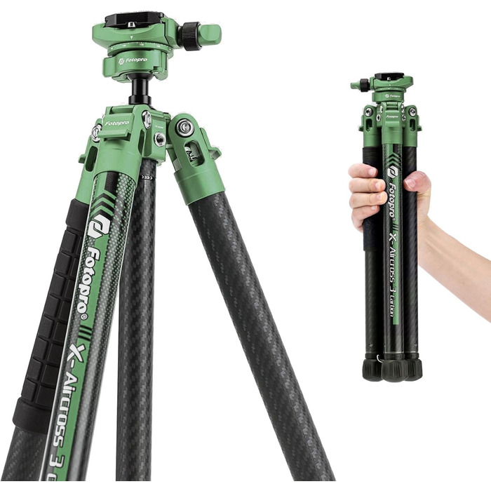 Штатив Fotopro X-Aircross 1: Вуглецеве волокно, 130 см, поворот 360°, швидкозмінна пластина, 8 кг, зелений