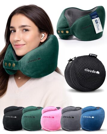 Подушка для шиї CLOUDS для подорожей: Memory Foam, 2 розміри, дихаючий чохол, 5 кольорів (зелений, S/M). Підходить для літака та авто.