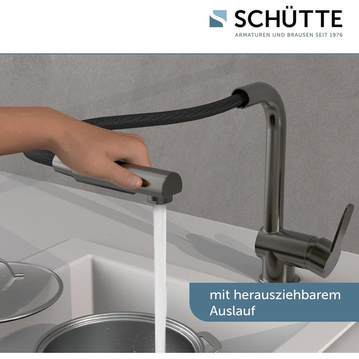 Кухонний змішувач SCHÜTTE LONDON з висувною лійкою, поворотний на 360°, з одним важелем, для кухні, високий тиск, графіт, 29,8 см