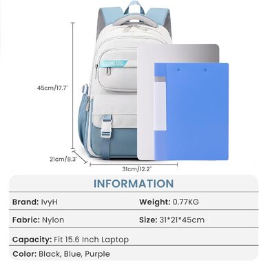 Шкільний рюкзак IvyH для дівчаток та хлопчиків, 15.6