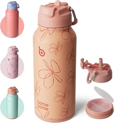 BOTTLE BOTTLE Stainless Steel Drinking Bottle 1L with Straw – Leak-Proof Insulated Bottle for Sports & Gym, with Pill Compartment, BPA-Free, Double-Walled (Yellow Flowers)