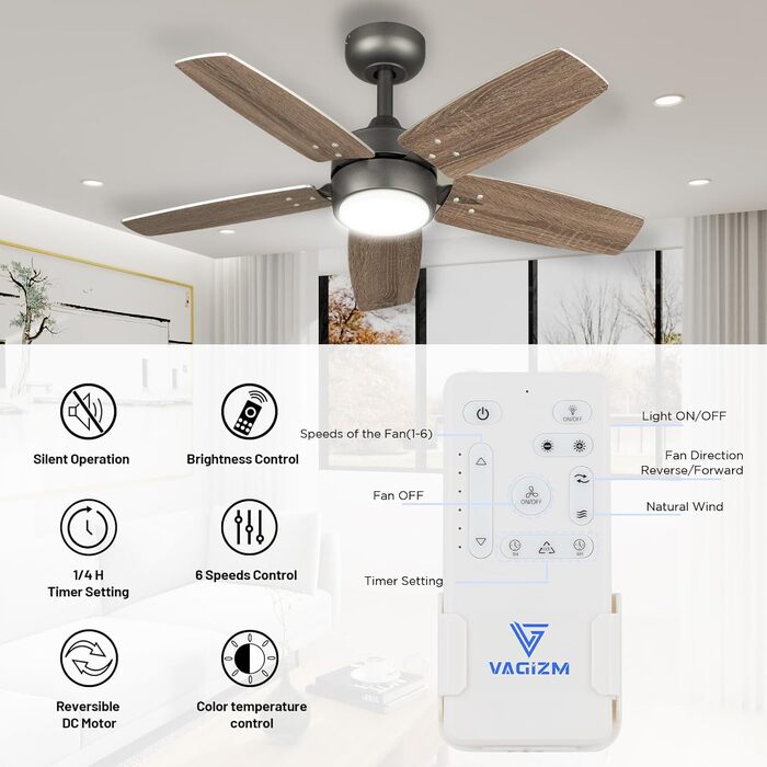 Стеляний вентилятор для маленьких кімнат: сучасний вентилятор з регульованою яскравістю, пультом дистанційного керування, реверсивним двигуном, 6 швидкостей, тихий, 230V (Бронза+волоський горіх, 91 см)