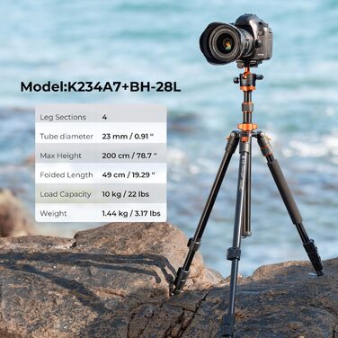 Штатив K&F Concept 200 см з алюмінію для камери, K234A7(S210), з моноподом, поворотний на 360°, з швидкозахоплювальною платформою для Canon, Nikon, Sony, Olympus, вантажопідйомність 10 кг