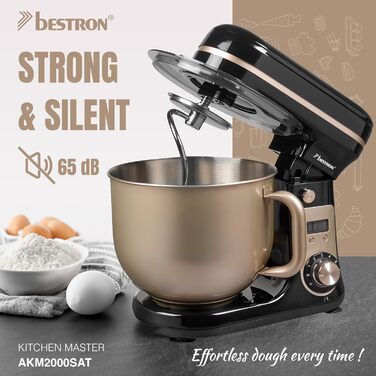 Кухонна машина Bestron Super Silent (65db) з DC-двигуном, 6 літрів, з набором насадок (міксер, гак для тіста, вінчик), 6 швидкостей + Pulse, колір: бежевий