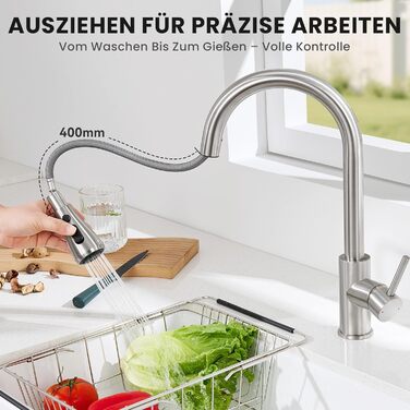 Кран кухонний CECIPA з 3 режимами, висувна лійка, поворотний на 360°, з високим виливом, нержавіюча сталь, з однією ручкою