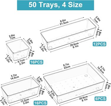 Radikor Drawer Organizer Inserts - 50 Piece Vanity Organizer in 4 Sizes, Drawer Organizer, Make Up Organizer, Drawer Organization System for Desk, Office, Kitchen, Bathroom