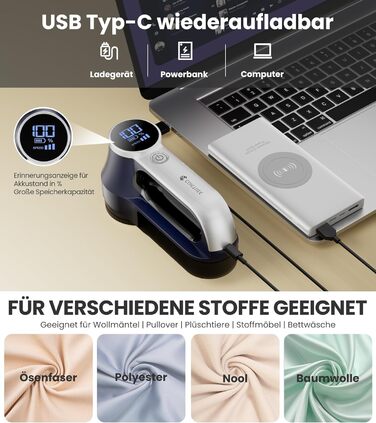 Електричний видалення ворсу CuieTuee з LED, USB-зарядкою, 3 швидкості, 2000mAh, для одягу (Navy Blue)