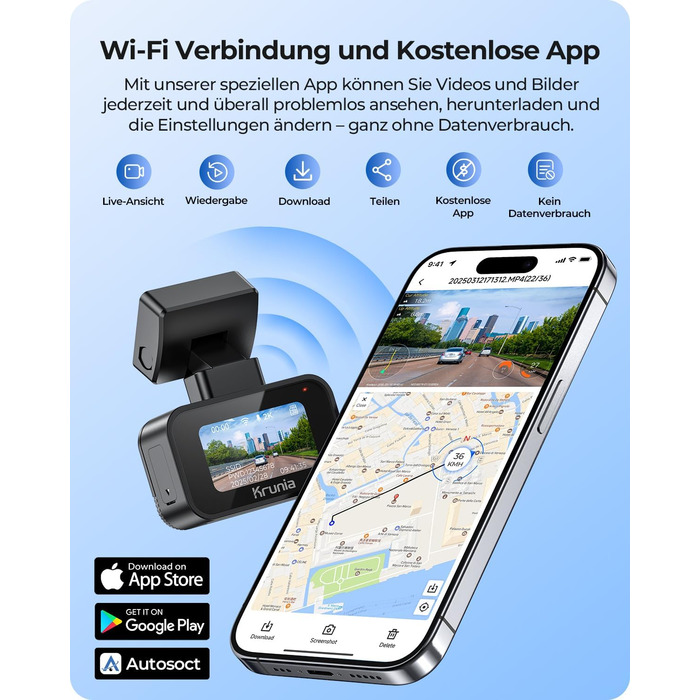 Відеореєстратор Krunia 2K WiFi Mini Dashcam Auto з GPS, CPL, WDR, Нічне Бачення, 24/7, Магнітне кріплення, Superkondensator, 170° Широкий Кут