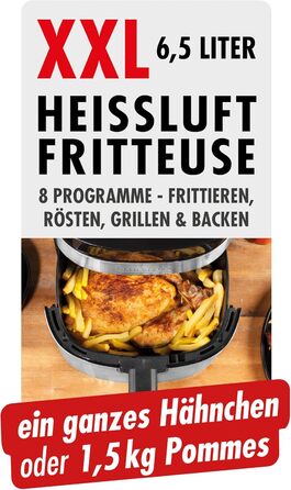 Фритюрниця GASTROBACK Air Pro XXL: 6.5 л, 8 програм, сенсорне керування, срібно-чорний колір