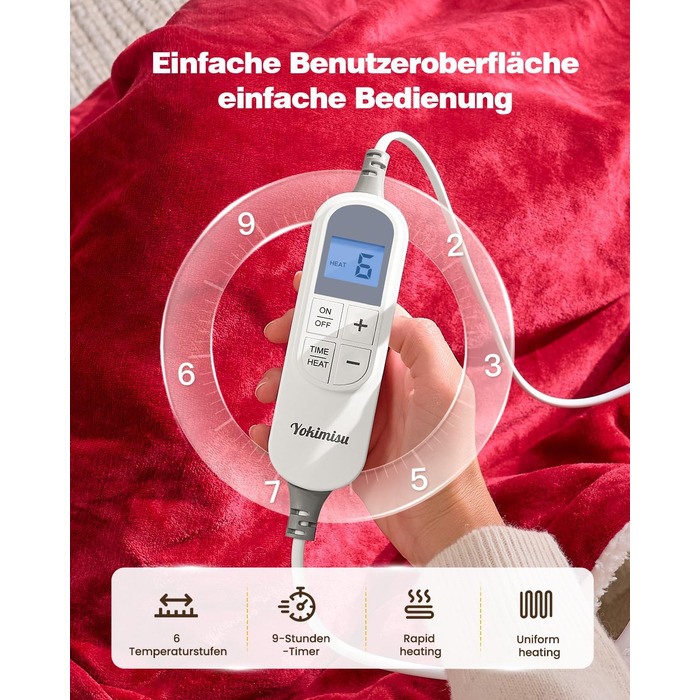 Електрична ковдра Yokimisu з автовимкненням 180x130 см, плюшева, з 6 рівнями нагріву, таймером, захистом від перегріву, пральна, для дому та офісу (червона)