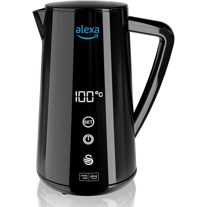 Чайник електричний Swan Alexa WIFI, 1.5л, з регулюванням температури, чорний, бездротовий, LED-сенсорний екран, функція підтримання тепла, Cool Touch, ізольована сталева стінка, 1800W, SK14650BLKNEU