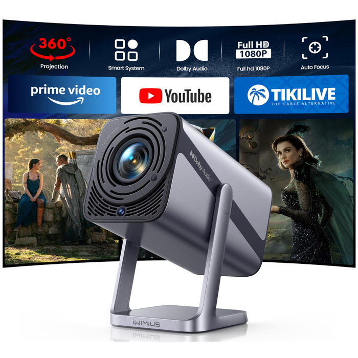 Проектор Mini Beamer 4K Smart з автофокусом та корекцією трапецеїдальних спотворень, WiFi6, Bluetooth, Dolby Audio, 600ANSI, 1080P, для дому та відпочинку на відкритому повітрі, сріблястий