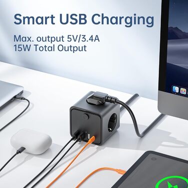 Мережевий фільтр подовжувач 7 в 1 з USB-портами, 3 розетки, з вимикачем, кабель 2 м, чорний — для дому та офісу