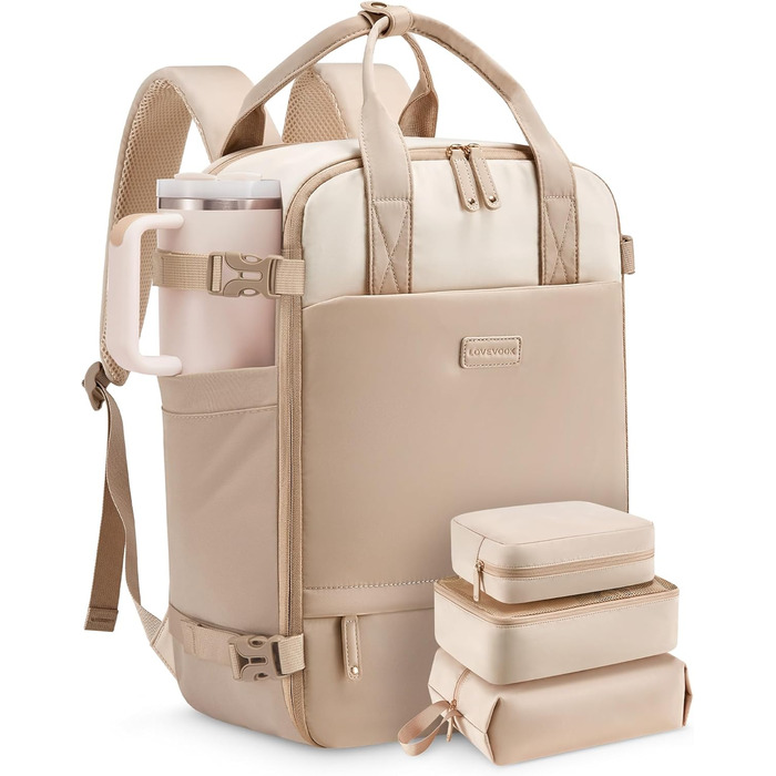LOVEVOOK Рюкзак для ручної поклажі в літак, дорожній рюкзак для жінок великий 15.6 дюймів, рюкзак для подорожей, сумка-мішок на вихідні, водонепроникний, ручна поклажа, сумка для подорожей, бізнесу, відпочинку, 15.6 дюймів (Бежевий, Рожевий)