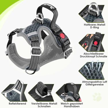 Шлейка для собак маленьких та середніх порід, Air Mesh дихаюча, з м'якою ручкою та замикаючими карабінами, анти-вислизаюча, світловідбиваюча, для цуценят (Сірий, M)