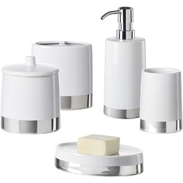 Motifeur Bathroom Accessories Set, 5-Piece Ceramic Bathroom Accessories Complete Set with Lotion Dispenser/Soap Pump, Cotton Swab Holder, Soap Dish, Tumbler, and Toothbrush Holder (White and Silver)