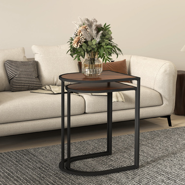 HOMCOM 2-Piece Couch Table Set, Square Side Table, Coffee Table with Steel Frame, Stackable Sofa Table, for Living Room, Holds up to 20 kg, Brown+Black | Aosom