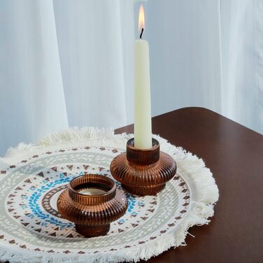 VOHO Candle Holders, Ribbed Glass, Stylish Boho Candle Holders, Stackable and Reversible, for Candle Stands and Votive Candles, e Candle Holders, Table Decor, Set of 18 (Brown)