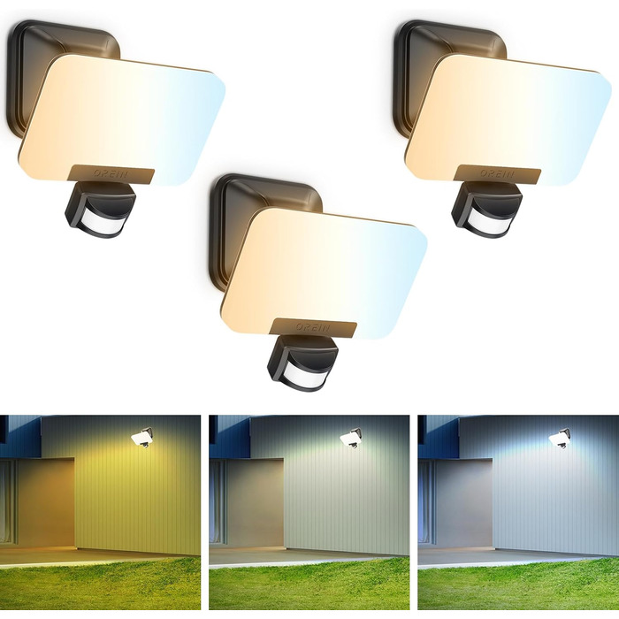 OREiN Security Light CCT Outdoor Lamp with Motion Sensor 24W=200W, 3 Color Temperatures & 3 Modes Outdoor Wall Light 2800LM Ultra-Bright, 5D Swivel IP65 Outdoor Floodlight Spotlight, 3 Pack