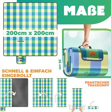 KESSER® Picnic Blanket Camping Blanket XXL 200 x 200 cm - Warm Insulated with Waterproof Bottom, Carrying Handle. Foldable Beach Blanket, Picnic Blankets for 4-6 People. Washable Picnic Blanket (Blue / Green)