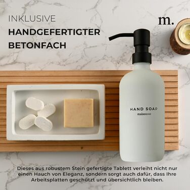 MaisoNovo Soap Dispenser Set - Soap Dispenser Kitchen - 500 ml Amber Bottles, Black Pumps, Glass Pumps Dispenser, Soap Dispenser Set, 2-Piece Set and Concrete Tray - Dish Soap Dispenser Kitchen (White Glass / Black Pump + Rectangular Tray)