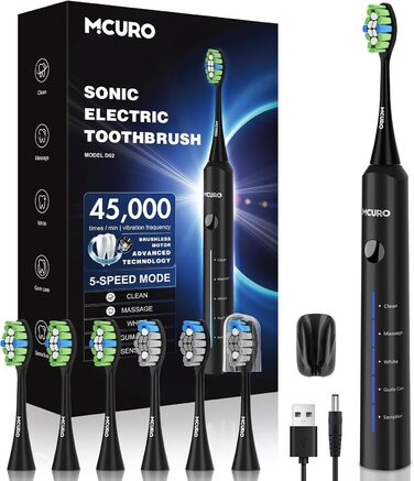 Електрична зубна щітка Sonic, 45000 VPM, відбілювання за тиждень, 120 днів роботи акумулятора, індикатор заряду, 6 насадок DuPont, 5 режимів, таймер, чорна