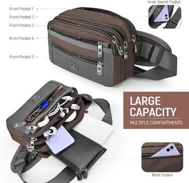 Поясна сумка на пояс для чоловіків та жінок з 7 кишенями на блискавці. Ідеальна для спорту, фітнесу, бігу, велоспорту, подорожей та кемпінгу. Колір: кавовий