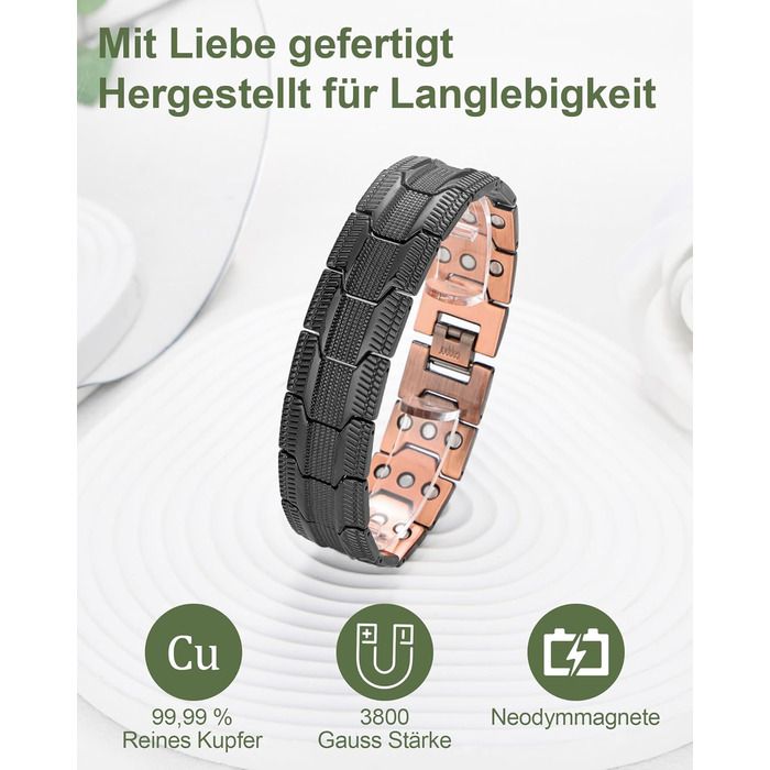 Браслет чоловічий MagEnergy з міді, 3 магніти, регульована довжина, чорний