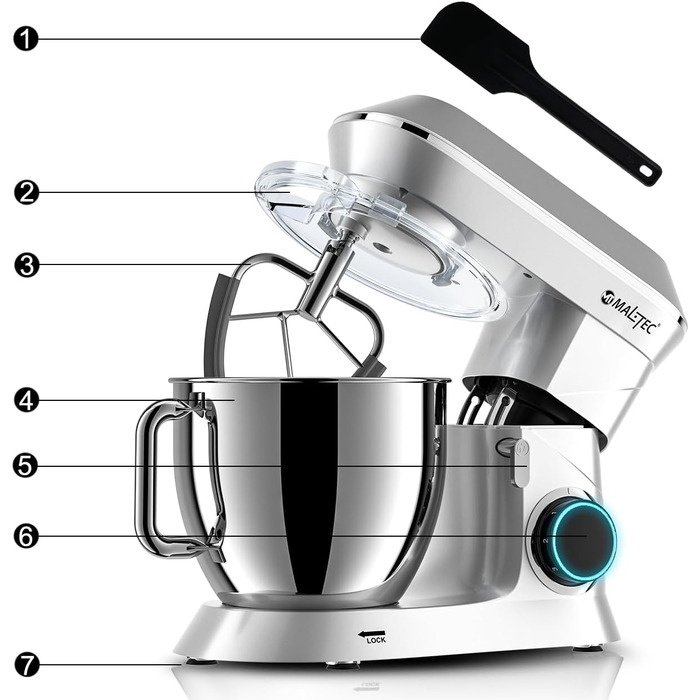 Планетарний міксер MalTecChef 2200 Вт, 6 л, 6 швидкостей, чорний, насадки для замісу тіста, збивання, кухонний комбайн
