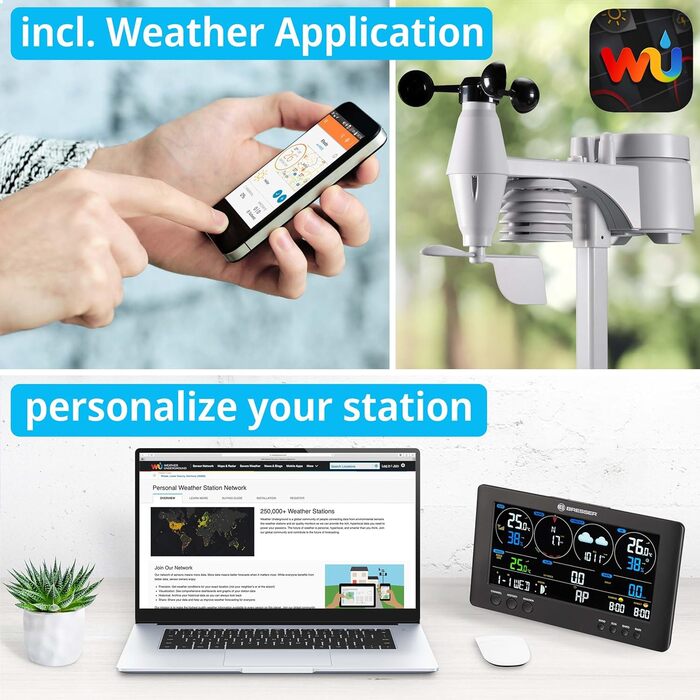 Метеостанція Bresser ClearView 7002586 з Wi-Fi та зовнішнім датчиком: Професійний 7-в-1 сенсор (вітер, вологість, температура, опади, УФ-індекс, освітленість), чорна
