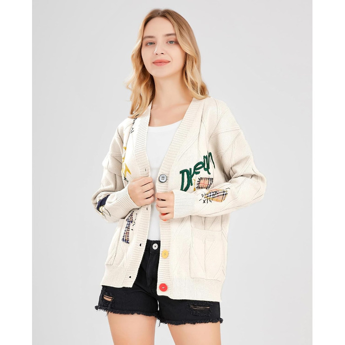 Жіноча в'язана жилетка з косами, довгі рукави, відкрита спереду, V-подібний виріз, ґудзикова застібка, вишивка, суміш вовни, пуловер, куртка, одяг для активного відпочинку, бежевий колір