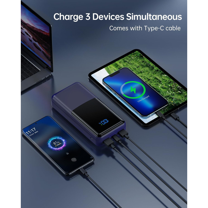 Power Bank Coblob 27000mAh з LED дисплеєм: швидка зарядка USB-C 30W, 3 виходи, 2 входи, для смартфонів, планшетів, AirPods та іншого (Темно-синій)