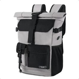 Roll-top Backpack Waterproof, 27L Large Backpack Men Women, School Backpack with 17.3 inch Laptop Compartment, Travel Backpack Hiking Backpack for Business Work University Travel Leisure (Gray)