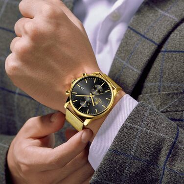 Чоловічий годинник на браслеті Mesh, кварцовий, спортивний, Chronograph, з датою, водонепроникний, чорний, нержавіюча сталь, Gold-Gold-Schwarz