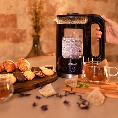 Скляний електричний чайник Cecotec ThermoSense 340 Clear, 2200 Вт, 1.7 л, з функцією підігріву води та LED-індикатором, чорний