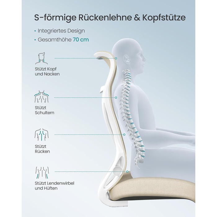 Офісний стіл SONGMICS, ергономічний крісло з регулюванням висоти, підголівник, до 150 кг, Cappuccino Beige