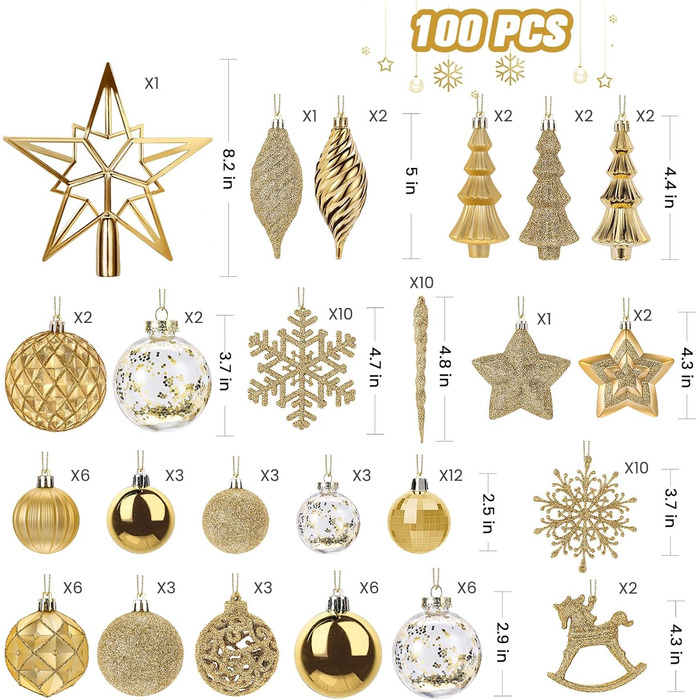 100 шт. Новорічні кулі SHareconn: набір пластикових, безпечних, різних розмірів та кольорів, для прикраси ялинки (внутрішнє та зовнішнє використання), золоті