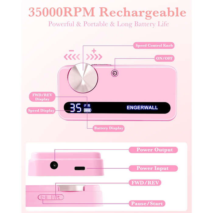 Професійний фрезер для нігтів ENGERWALL 35000 об/хв, електричний, для гелю та акрилу, бездротовий, манікюрний набір з 7 насадками та 56 шліфувальними стрічками, темно-срібний (портативний, акумуляторний, рожевий)