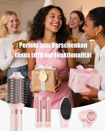 MESCOMB Airstyler 5-в-1: Іонний фен та мультистайлер для волосся з насадками. Швидке сушіння, локони, об'єм, випрямлення. Без пошкодження волосся. З дорожньою сумкою. Рожевий колір