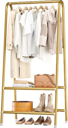 Robust metal clothes rack with double shelves for hanging clothes, freestanding and portable, 62 L x 35 W x 157.5 H cm, space-saving, gold