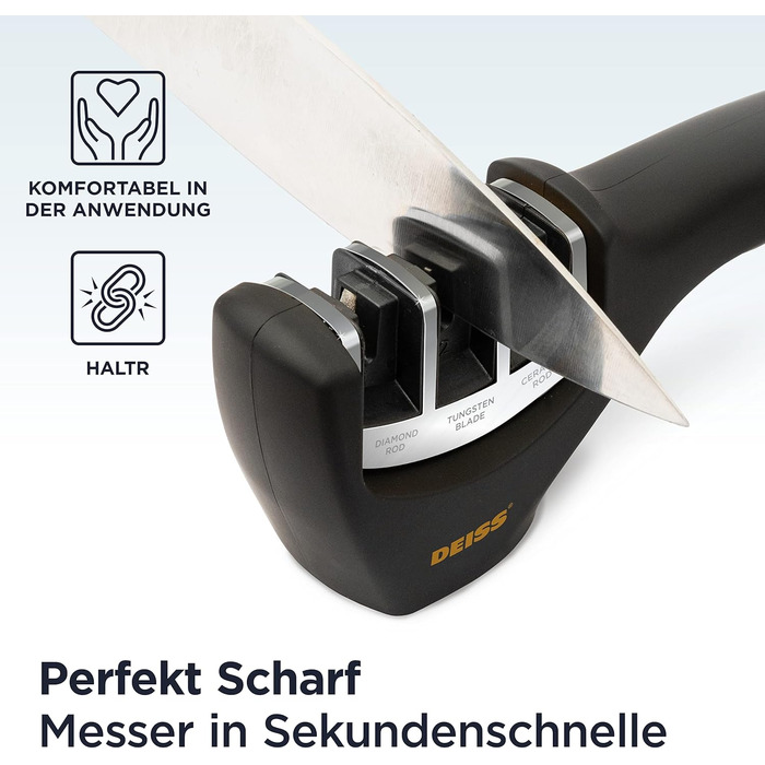 Deiss PRO Точилка для ножів 3-ступенева - професійна для кухонних, мисливських та керамічних ножів. Відновлює та полірує леза