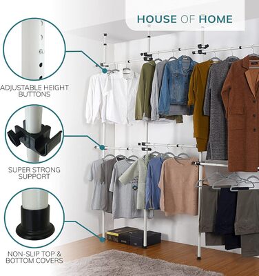 Robust, triple-extendable clothes rod by House of Home – Replacement for closet rod – Adjustable shelf support – Clothes storage