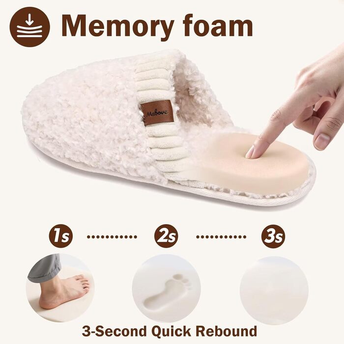 Тапочки жіночі Mabove Hausschuhe з меморі-піною, теплі зимові для дому (38/39 EU, молочний колір)