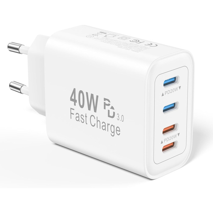 Мережевий адаптер USB C 40W з 4 портами, зарядний пристрій для iPhone, iPad, Samsung та інших пристроїв