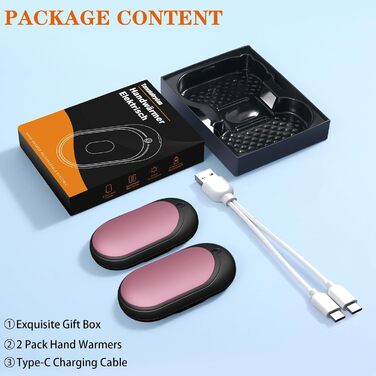 Електричний підігрівач для рук, перезаряджуваний набір 2 шт. з акумулятором 6000mAh, USB-кабель, 3 режими нагріву, 20 годин тепла, перезаряджувана кишенькова пічка для активного відпочинку взимку (чорний, рожевий)