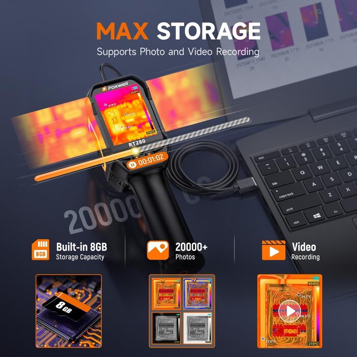 Тепловізор FOXWELL RT280: Портативна інфрачервона камера з LCD-екраном 2.8', роздільна здатність 320x240, діапазон температур -20°C до 550°C, 8GB пам'яті, функція PC-аналізу та відеозапису