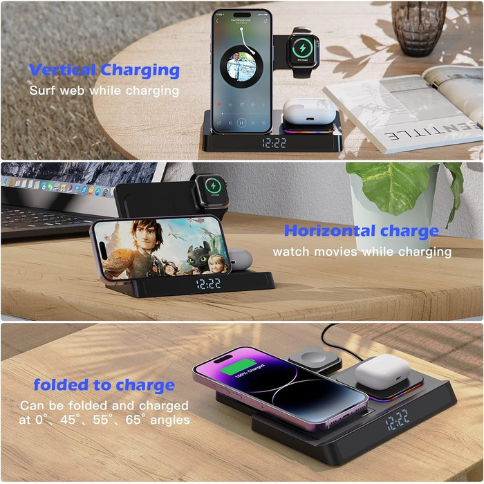 База зарядки 4-в-1 для iPhone та Apple Watch: бездротова зарядка 15W, складна, індуктивна, сумісна з iPhone 16/15/14/13/12/11 Pro SE X XS XR та Apple Watch 9/8/7/6/SE/5/4/3/2, AirPods Pro
