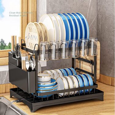 Сушарка для посуду Moufier з 2 ярусами, з піддоном та тримачем для кухонного приладдя, нержавіюча сталь