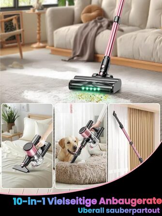 Бездротовий акумуляторний пилосос SUXIANGVAC 45000Pa/500W з LED дисплеєм та антинамотувальною насадкою, 73см подовжуваний шланг для твердих поверхонь, килимів та шерсті тварин, Рожевий