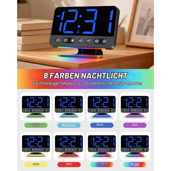 Цифровий будильник з LED-дисплеєм та RGB-підсвіткою, потужний сигнал 30-110 дБ для міцного сну, USB-порт, функція Snooze, настільний годинник (Синій)